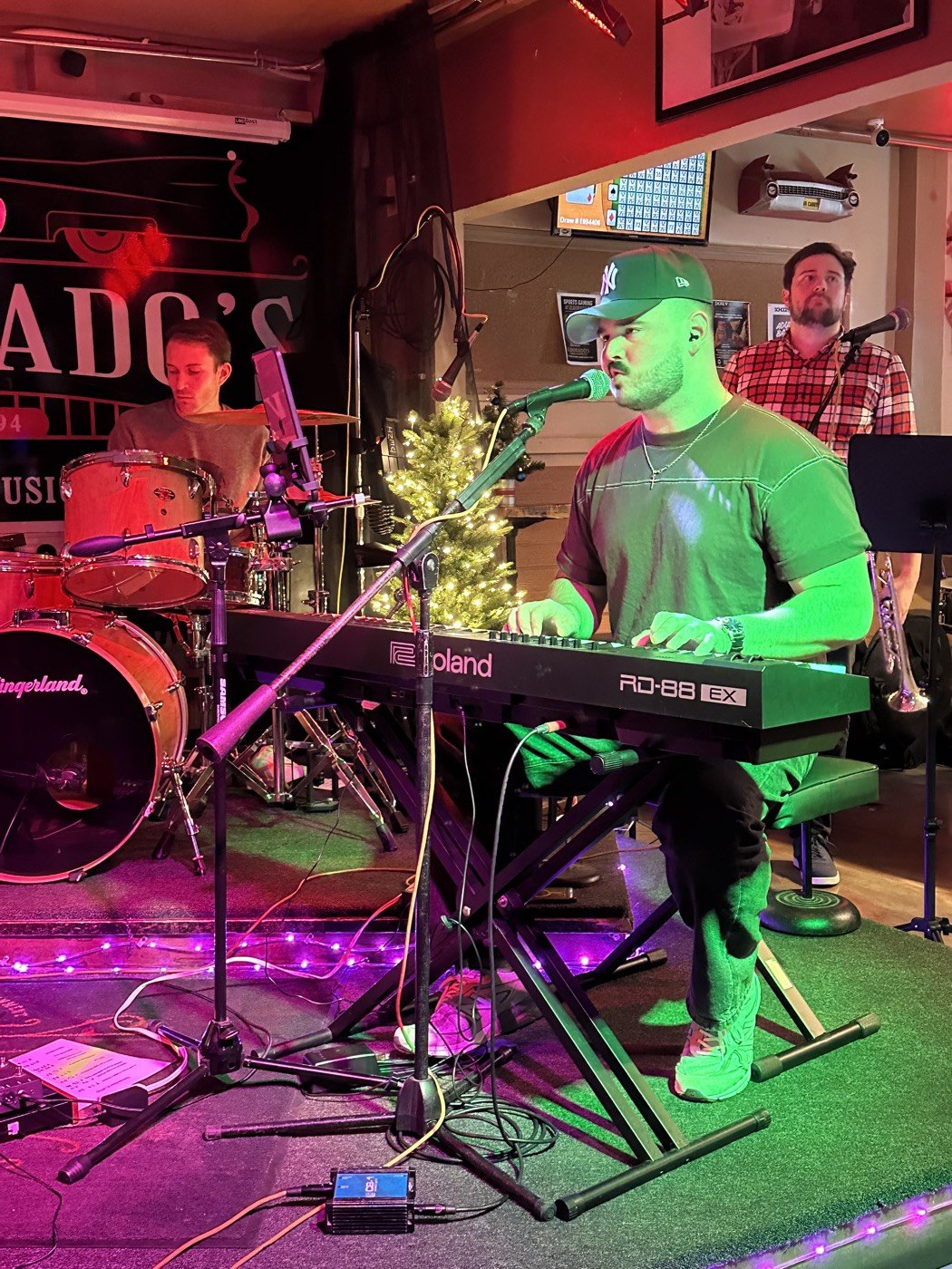 Keys and vocals at a bar show